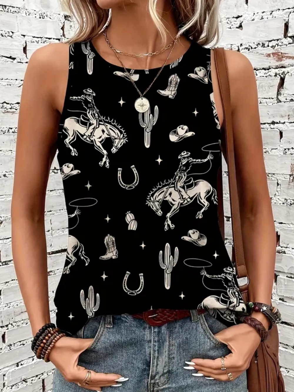 NEW Black Western Print Sleeveless Tank Top Emery Rose- size XL